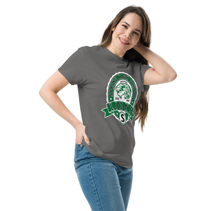 Woman wearing Spring High School Lions Dark Grey Classic Unisex T-shirt 212