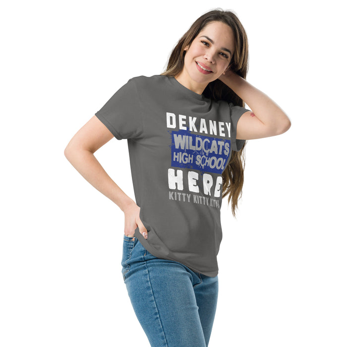 Woman wearing Dekaney High School Wildcats Charcoal Grey Classic Unisex T-shirt 231