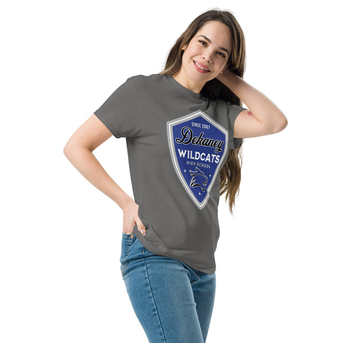 Woman wearing Dekaney High School Wildcats Charcoal Grey Classic Unisex T-shirt 225