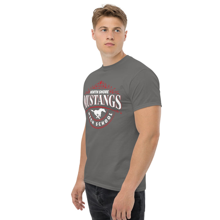Man wearing North Shore High School Mustangs Dark Grey Classic Unisex T-shirt 211