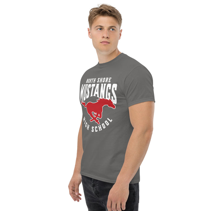 Man wearing North Shore High School Mustangs Dark Grey Classic Unisex T-shirt 213
