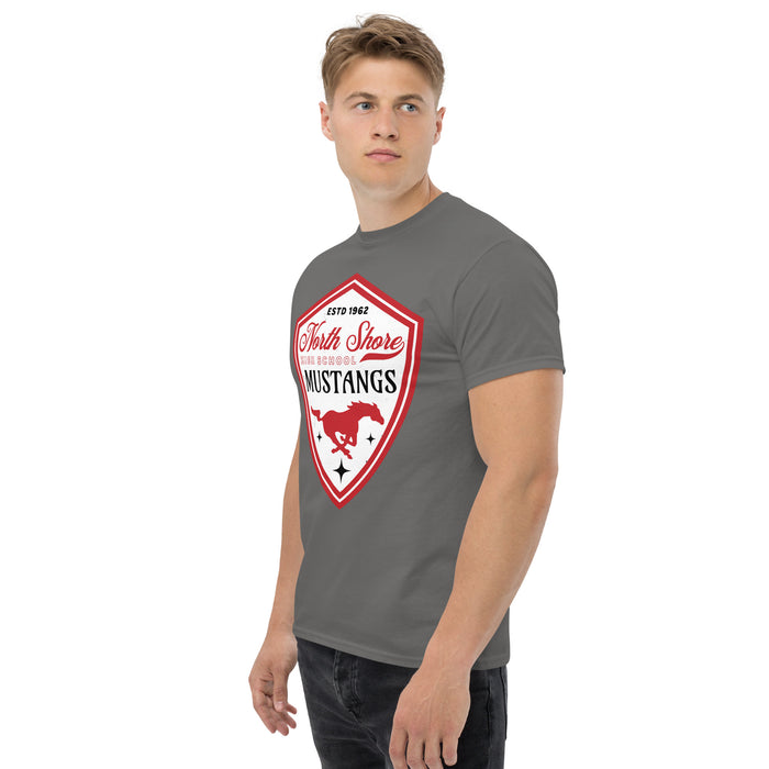 Man wearing North Shore High School Mustangs Dark Grey Classic Unisex T-shirt 225