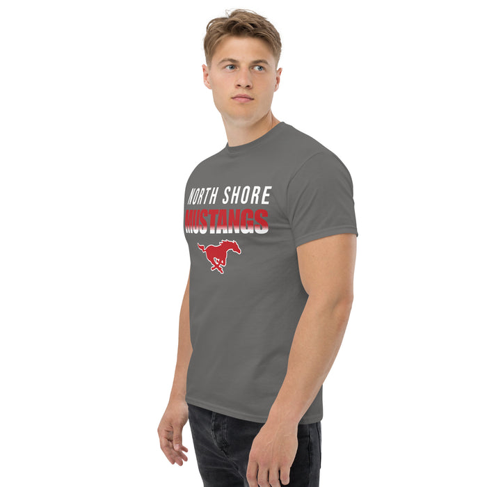 Man wearing North Shore High School Mustangs Dark Grey Classic Unisex T-shirt 024