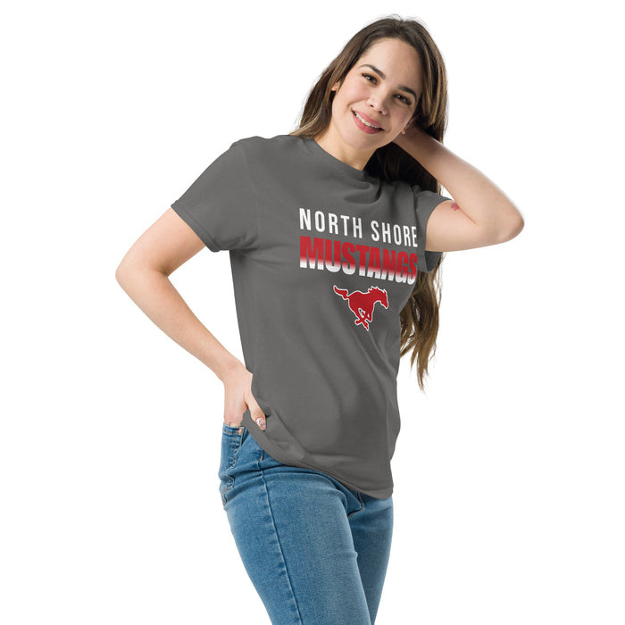Woman wearing North Shore High School Mustangs Dark Grey Classic Unisex T-shirt 024