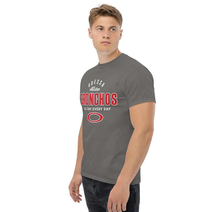 Man wearing Odessa High School Bronchos Dark Grey Classic Unisex T-shirt 040
