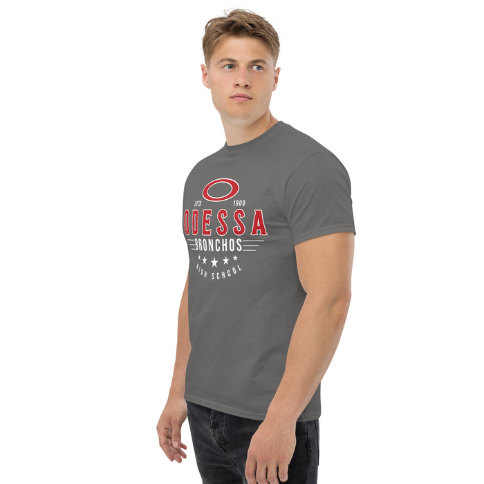 Man wearing Odessa High School Bronchos Dark Grey Classic Unisex T-shirt 217