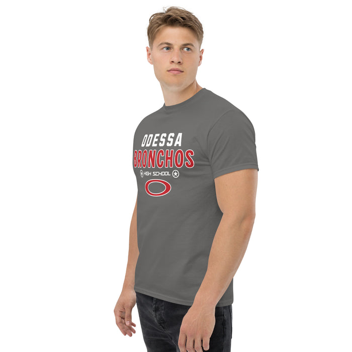 Man wearing Odessa High School Bronchos Dark Grey Classic Unisex T-shirt 003