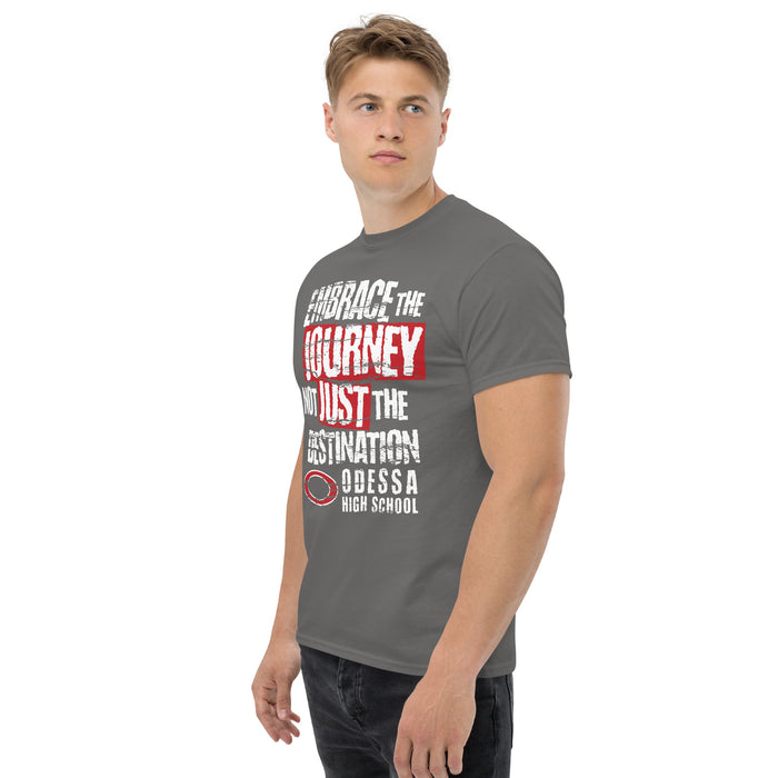 Man wearing Odessa High School Bronchos Dark Grey Classic Unisex T-shirt 232