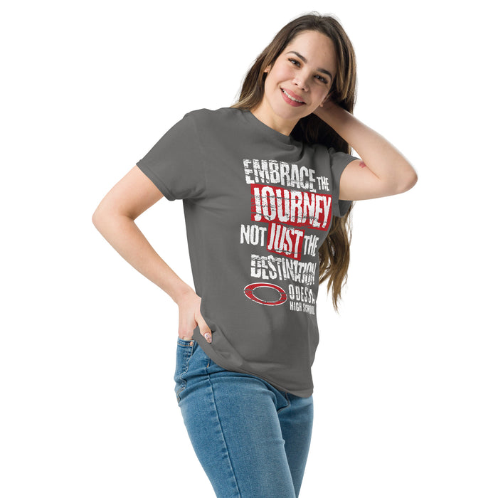 Woman wearing Odessa High School Bronchos Dark Grey Classic Unisex T-shirt 232