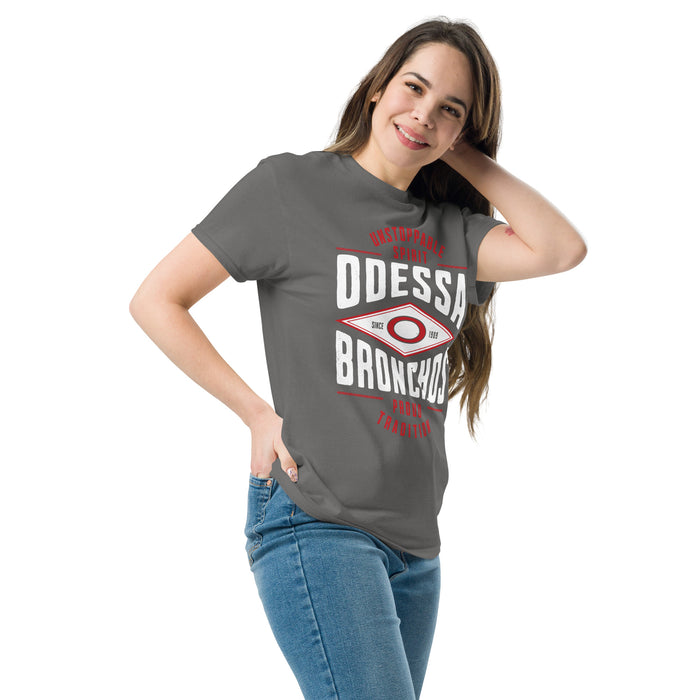 Woman wearing Odessa High School Bronchos Dark Grey Classic Unisex T-shirt 210