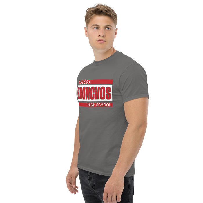 Man wearing Odessa High School Bronchos Dark Grey Classic Unisex T-shirt 098