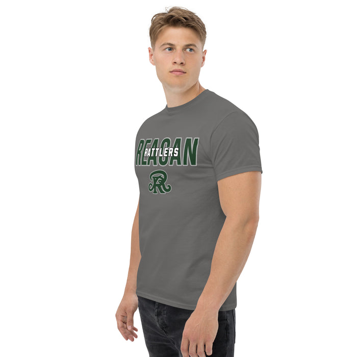 Man wearing Reagan High School Rattlers Dark Grey Classic Unisex T-shirt 227