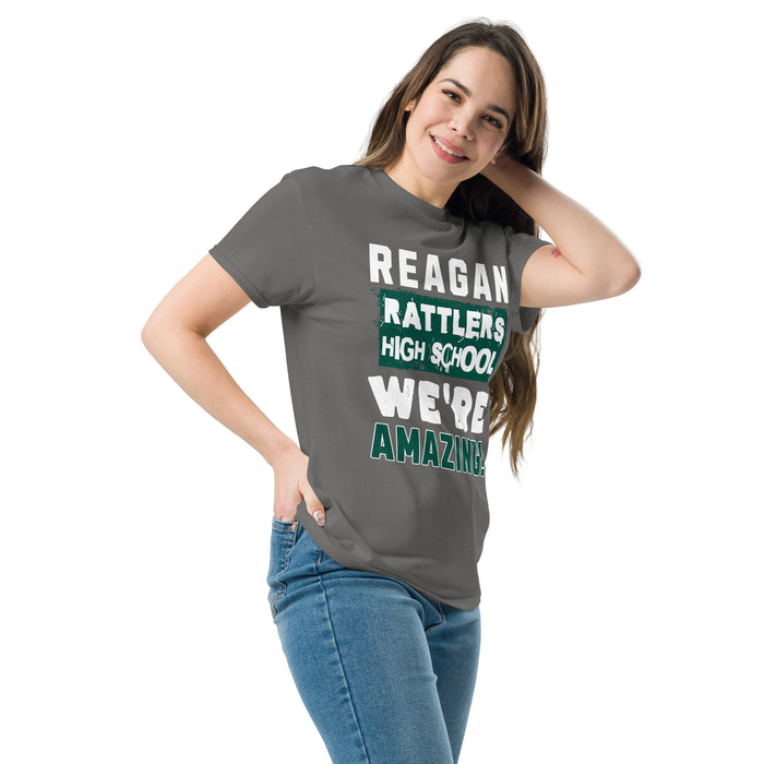 Woman wearing Reagan High School Rattlers Dark Grey Classic Unisex T-shirt 231