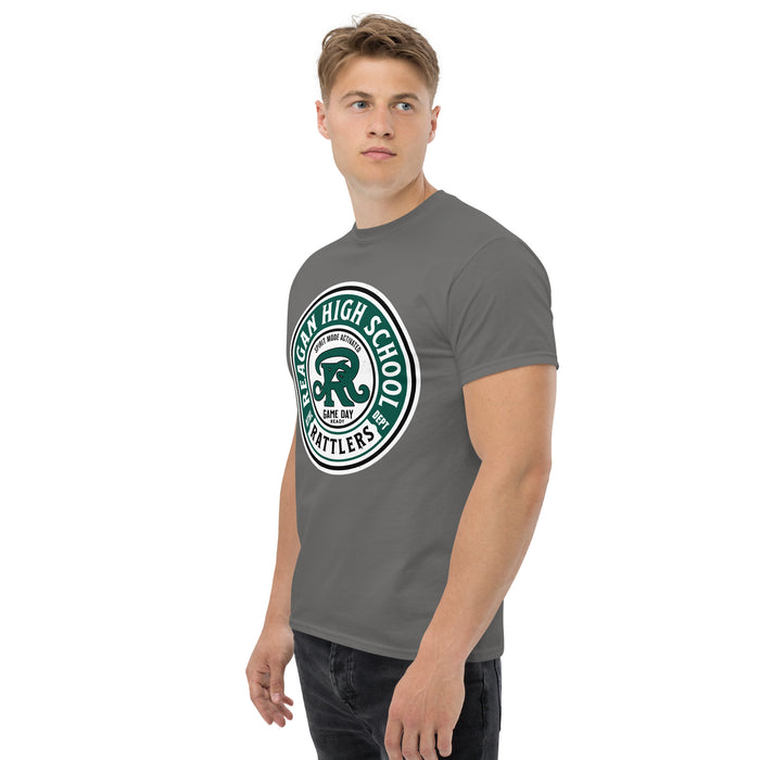 Man wearing Reagan High School Rattlers Dark Grey Classic Unisex T-shirt 220