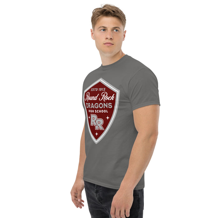 Man wearing Round Rock High School Dragons Dark Grey Classic Unisex T-shirt 225