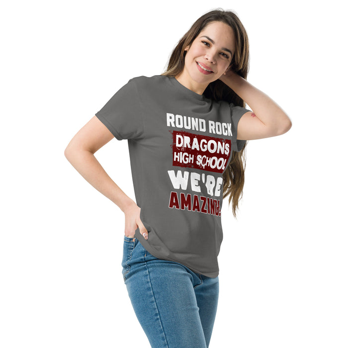 Woman wearing Round Rock High School Dragons Dark Grey Classic Unisex T-shirt 231