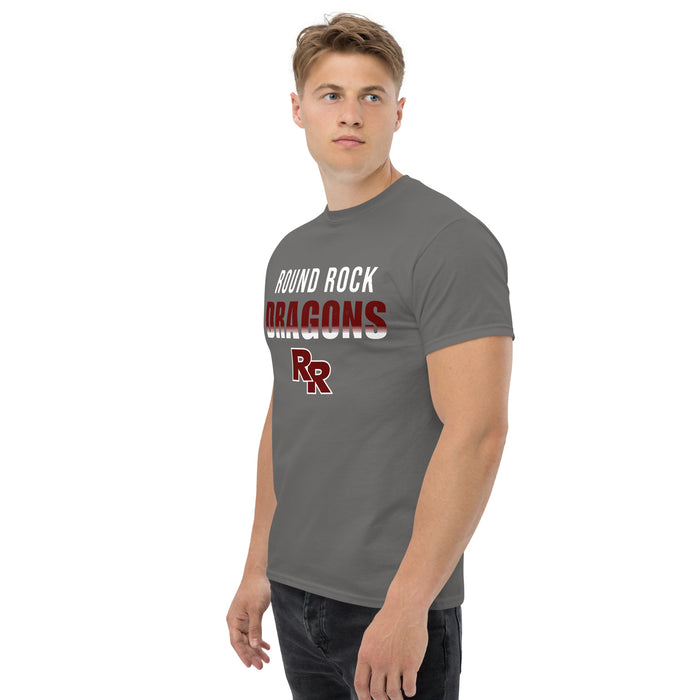 Man wearing Round Rock High School Dragons Dark Grey Classic Unisex T-shirt 024