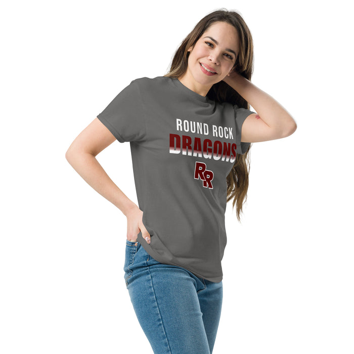 Woman wearing Round Rock High School Dragons Dark Grey Classic Unisex T-shirt 024