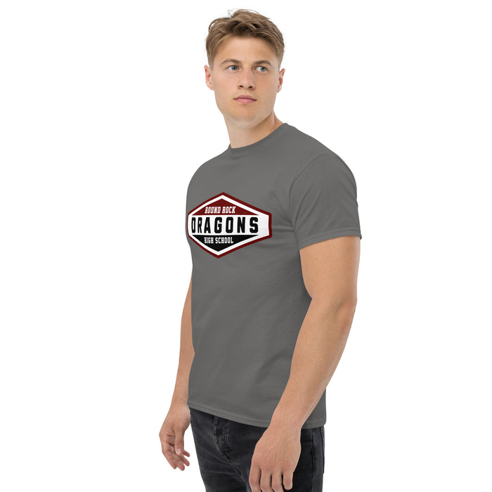 Man wearing Round Rock High School Dragons Dark Grey Classic Unisex T-shirt 009