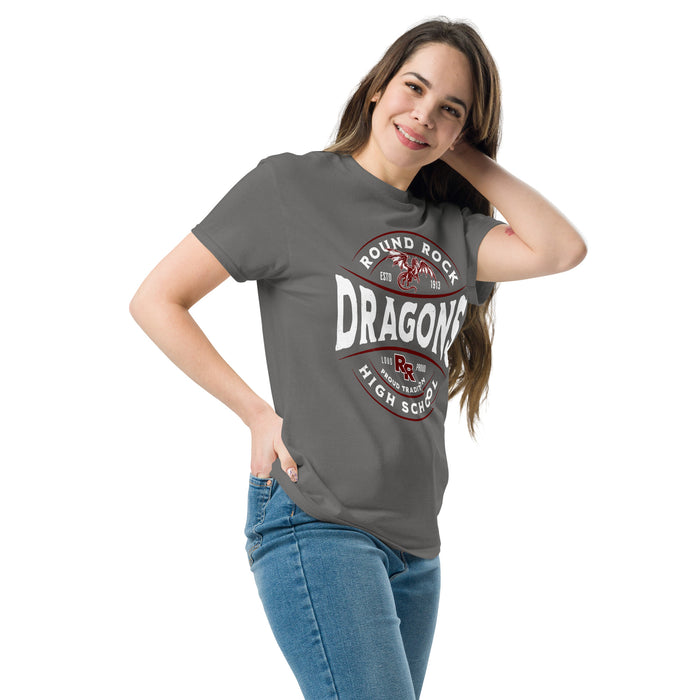 Woman wearing Round Rock High School Dragons Dark Grey Classic Unisex T-shirt 218