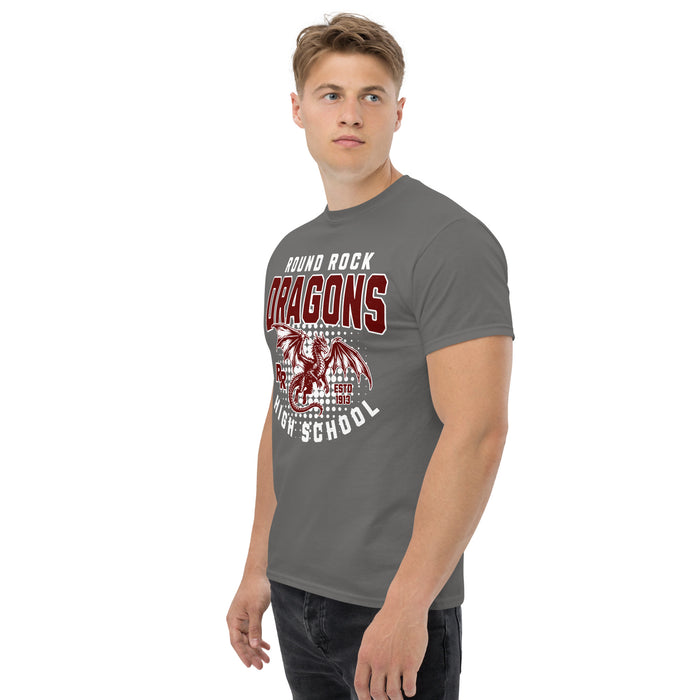Man wearing Round Rock High School Dragons Dark Grey Classic Unisex T-shirt 204