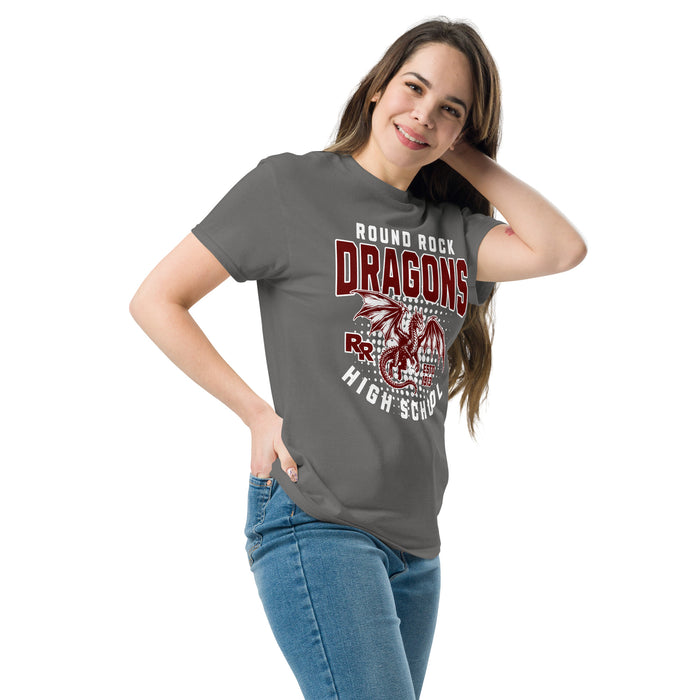 Woman wearing Round Rock High School Dragons Dark Grey Classic Unisex T-shirt 204