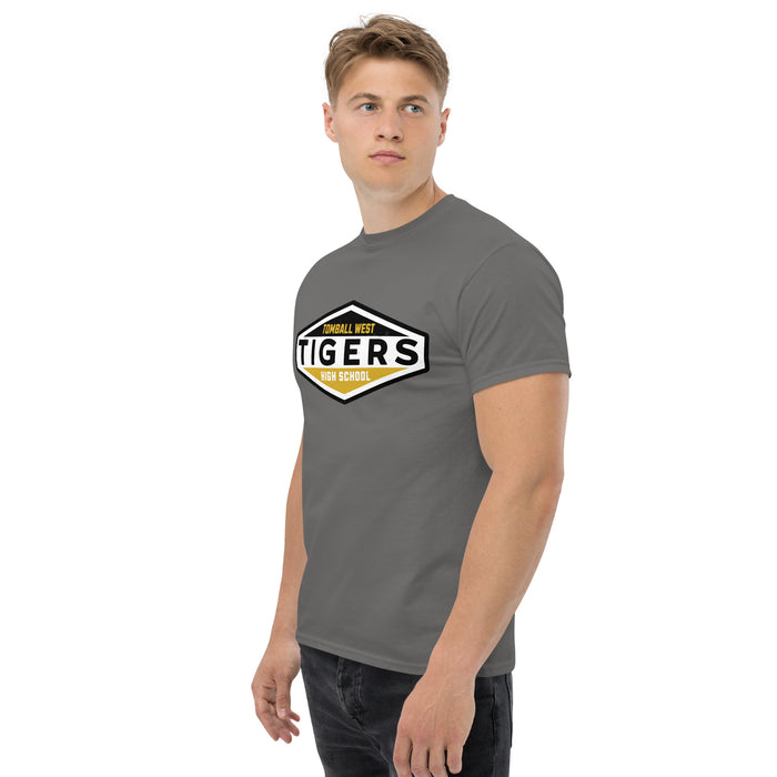 Man wearing Tomball West High School Tigers Dark Grey Classic Unisex T-shirt 009