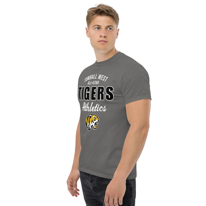 Man wearing Tomball West High School Tigers Dark Grey Classic Unisex T-shirt 034