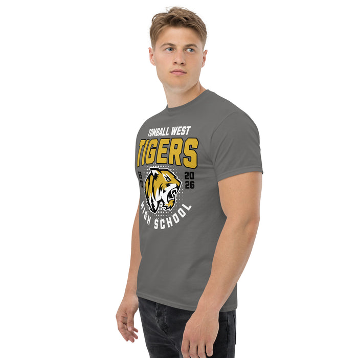 Man wearing Tomball West High School Tigers Dark Grey Classic Unisex T-shirt 204