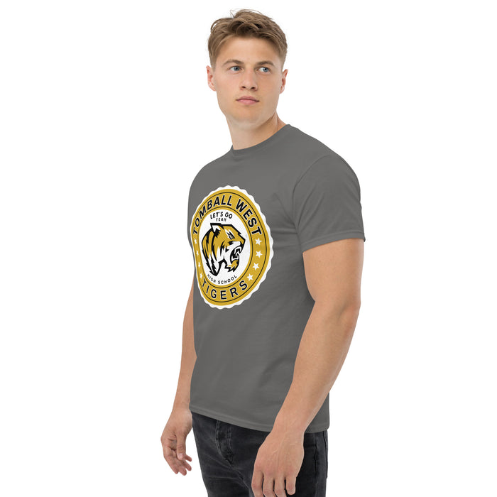 Man wearing Tomball West High School Tigers Dark Grey Classic Unisex T-shirt 216