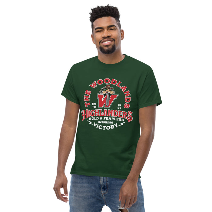 Front view of The Woodlands High School Highlanders Forest Green Classic Unisex T-shirt 206