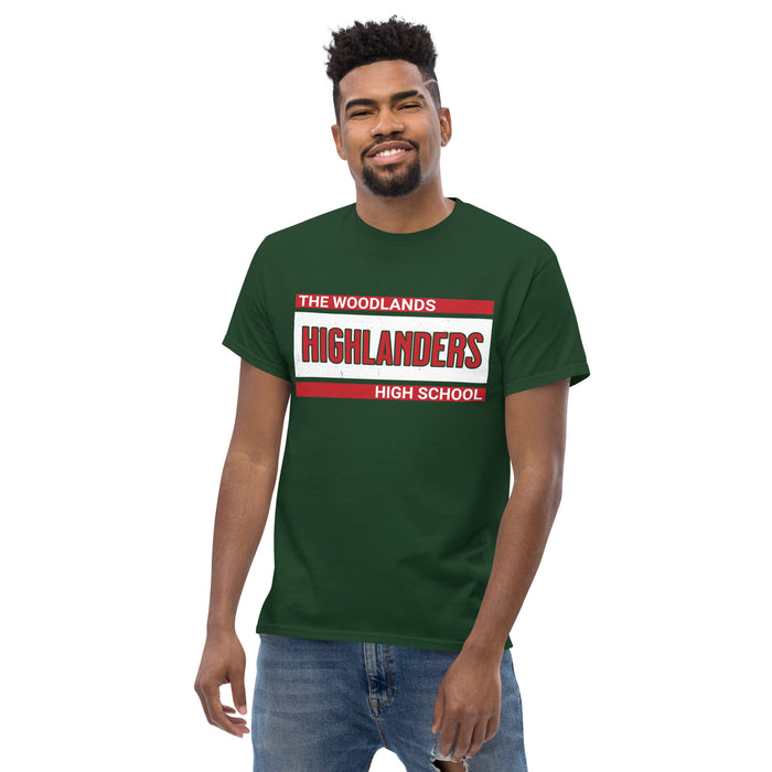 Front view of The Woodlands High School Highlanders Forest Green Classic Unisex T-shirt 098