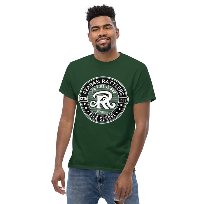 Front view of Reagan High School Rattlers Forest Green Classic Unisex T-shirt 224
