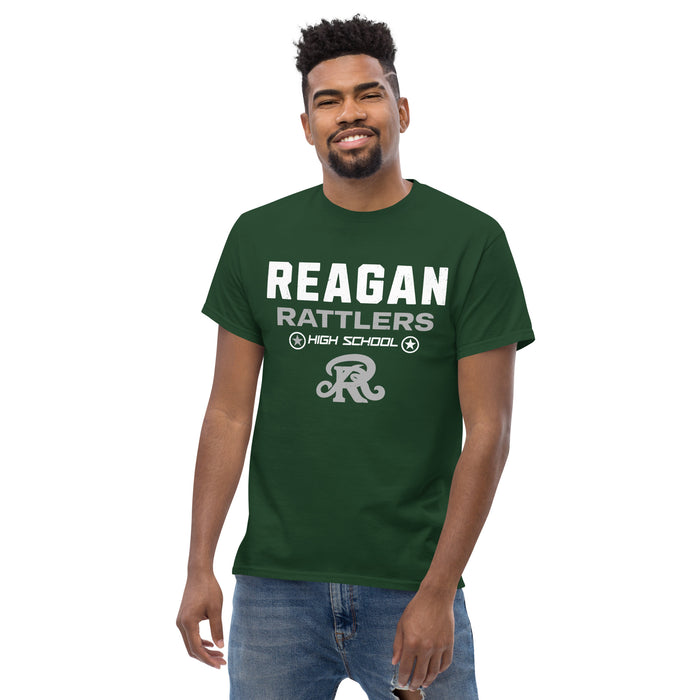 Front view Man wearing Reagan High School Rattlers Forest Green Classic Unisex T-shirt 003