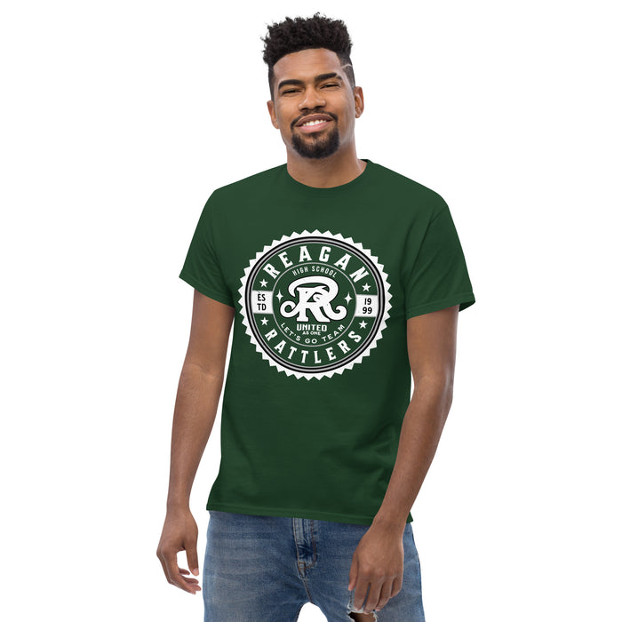 Front view of Reagan High School Rattlers Forest Green Classic Unisex T-shirt 203