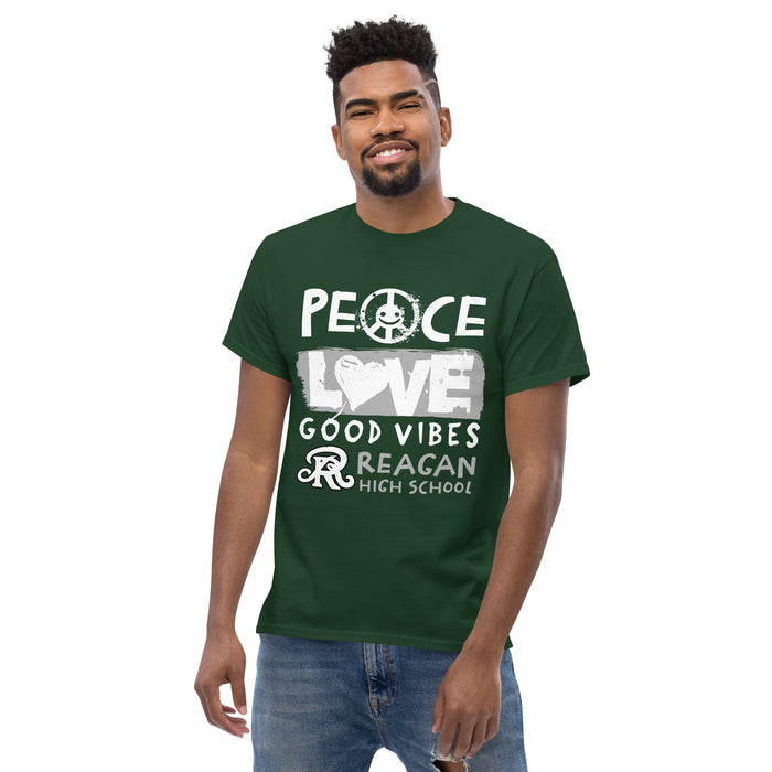 Front view of Man wearing Reagan High School Rattlers Forest Green Classic Unisex T-shirt 240