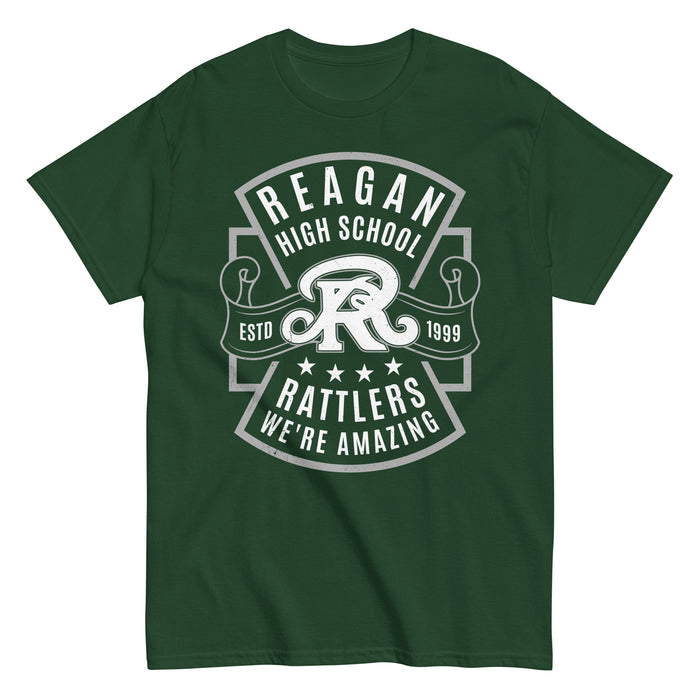 Green t-shirt with 'Reagan High School Rattlers' design on a white background - Classic t-shirt design 207