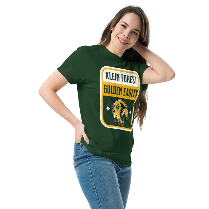 Woman wearing Klein Forest High School Golden Eagles Classic Unisex Forest Green T-shirt 001