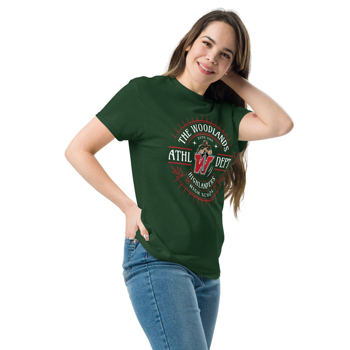 Woman wearing The Woodlands High School Highlanders Forest Green Classic Unisex T-shirt 201