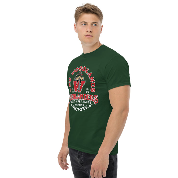 Man wearing The Woodlands High School Highlanders Forest Green Classic Unisex T-shirt 206
