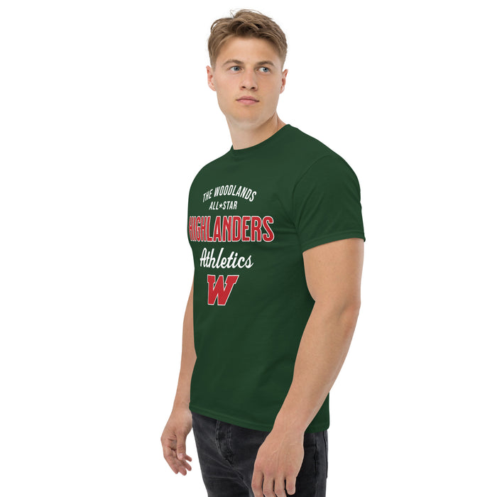 Man wearing The Woodlands High School Highlanders Forest Green Classic Unisex T-shirt 034