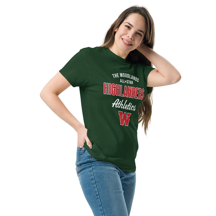Woman wearing The Woodlands High School Highlanders Forest Green Classic Unisex T-shirt 034