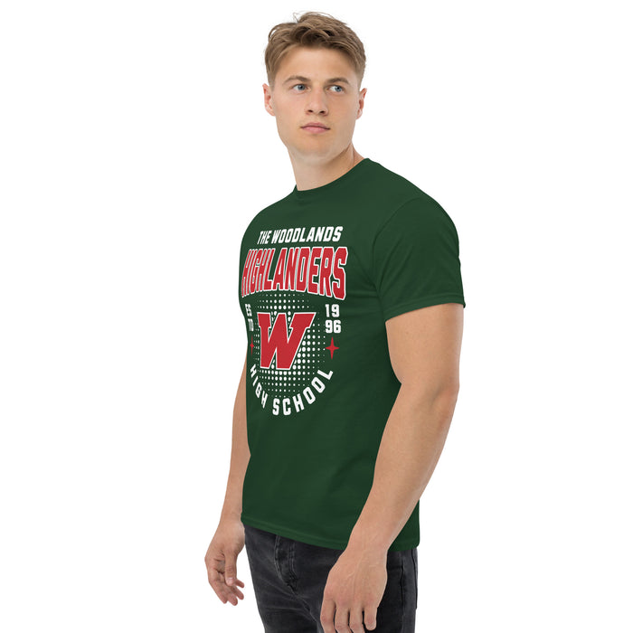 Man wearing The Woodlands High School Highlanders Forest Green Classic Unisex T-shirt 204