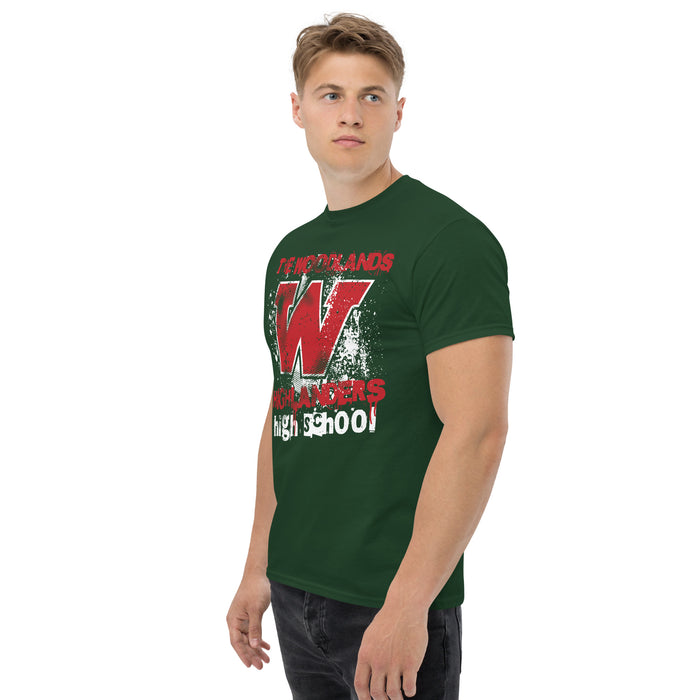 Man wearing The Woodlands High School Highlanders Forest Green Classic Unisex T-shirt 205