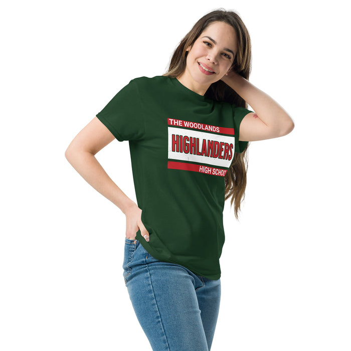 Woman wearing The Woodlands High School Highlanders Forest Green Classic Unisex T-shirt 098