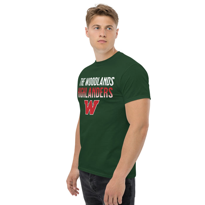 Man wearing The Woodlands High School Highlanders Forest Green Classic Unisex T-shirt 024
