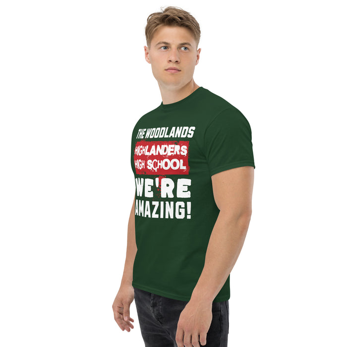 Man wearing The Woodlands High School Highlanders Forest Green Classic Unisex T-shirt 231