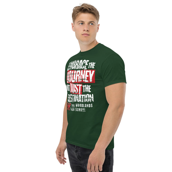 Man wearing The Woodlands High School Highlanders Forest Green Classic Unisex T-shirt 232