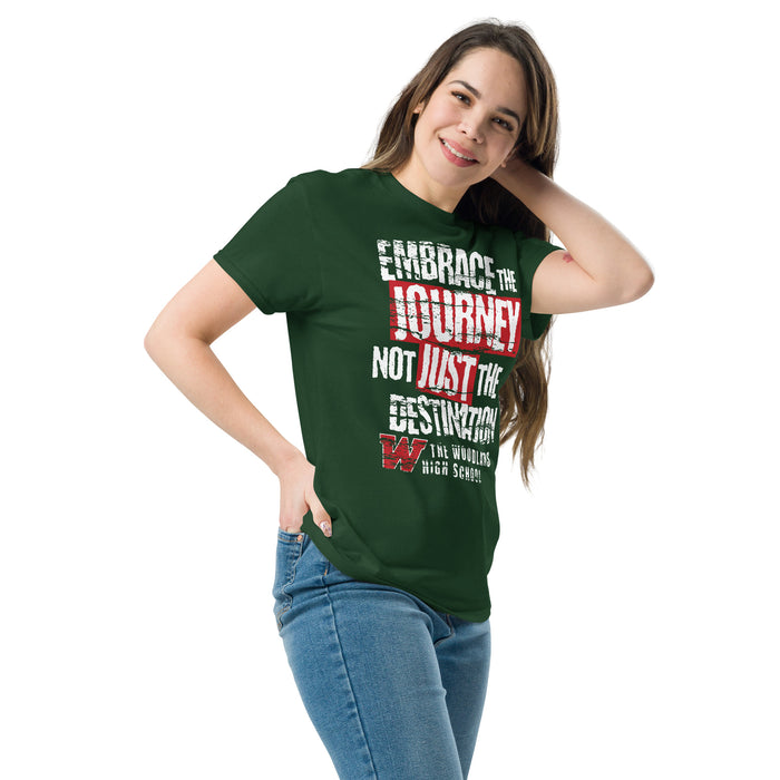 Woman wearing The Woodlands High School Highlanders Forest Green Classic Unisex T-shirt 232