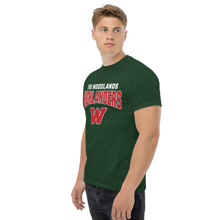 Man wearing The Woodlands High School Highlanders Forest Green Classic Unisex T-shirt 234
